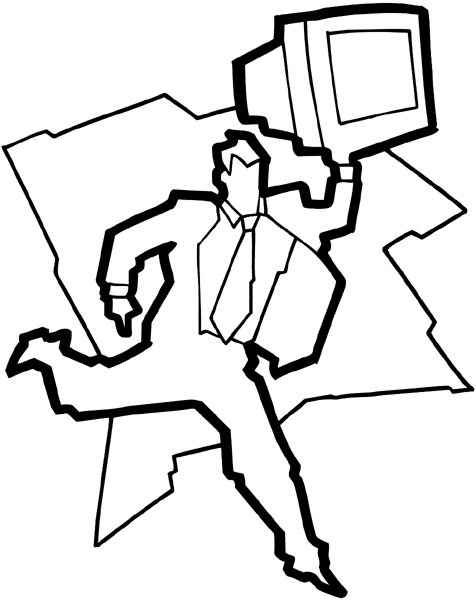 Man running carrying a computer over his head vinyl sticker. Customize on line.      Computers 024-0151  